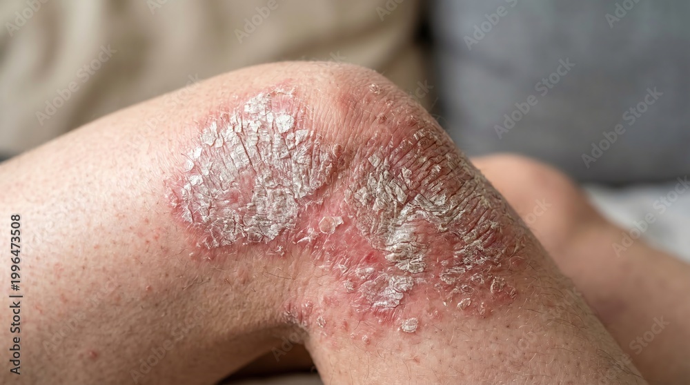 Fototapeta premium Psoriasis on a Persons Knee Showcasing Severe Plaque and Inflamed Scaly Skin Patches
