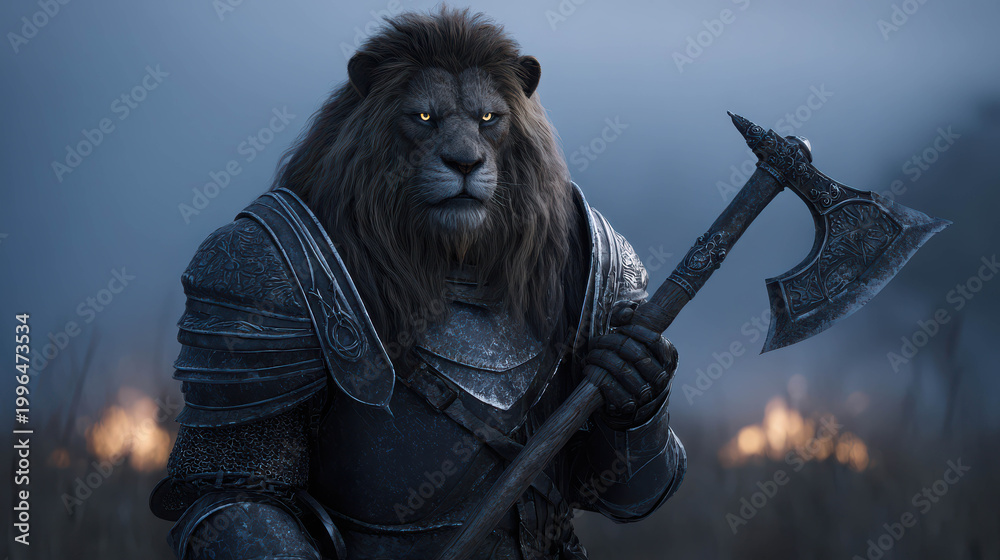 Obraz premium A lion warrior holding an axe, ready for battle, in a fantasy setting. The scene evokes strength and courage
