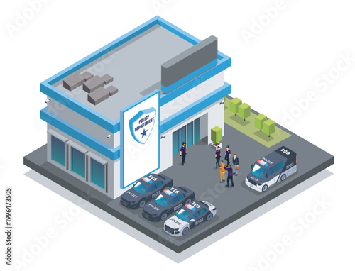 An isometric police station with officers, cars and detainee in isometric style on white background, illustrating law enforcement concept. Hand-drawn vector illustration