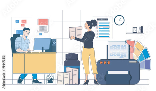Two colleagues working with documents and printer in modern flat graphic style on a clean white background, showing office workflow concept. Hand-drawn vector illustration