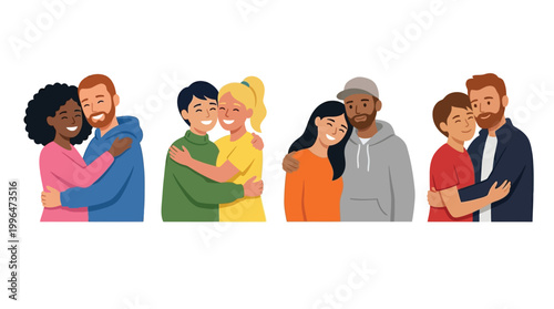 Diverse couples embracing with love and affection, showcasing various relationships and human connection in a modern society.