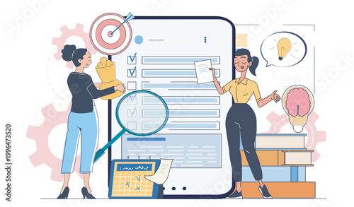 Two people near checklist, digital flat style on white background showing productivity and organization work concept. Hand-drawn vector illustration