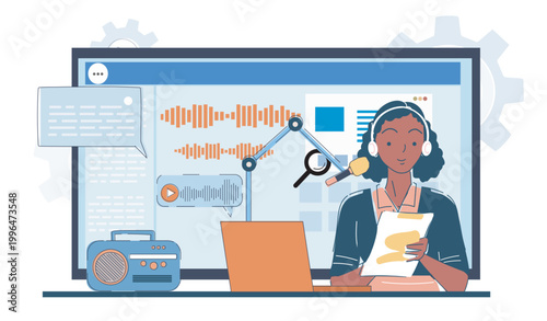 Woman speaking into microphone at a desk in flat graphic style on a light background, showing podcasting tools and concept of modern broadcasting workflow. Hand-drawn vector illustration