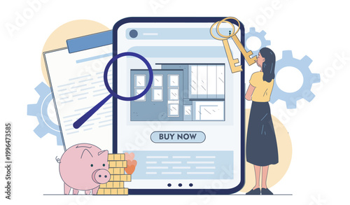 Digital scene showing woman viewing property listing on large device in clean graphic style over light background, real estate concept. Hand-drawn vector illustration
