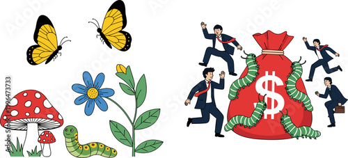 Cartoon Nature Butterfly Mushroom Caterpillar Flower and Businessman Chasing Money Bag with Worm Vector Illustration Set for Business Design