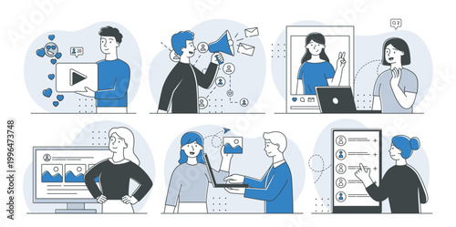 Group scenes show people using social media tools on clean minimal style with soft abstract background depicting communication and networking concept Hand-drawn vector illustration