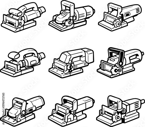 Set of eight different belt sander illustrations in black and white line art style