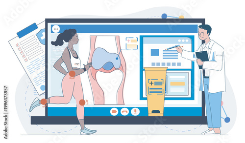 Athlete consulting a doctor about knee joint issues in a clean modern graphic style on a light background, showing health diagnostics concept. Hand-drawn vector illustration