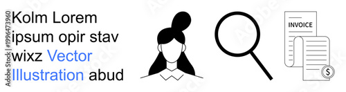 Business analysis, document review, financial management, identity, research, organization. Female avatar, magnifying glass and invoice documents. Business analysis and document review concept