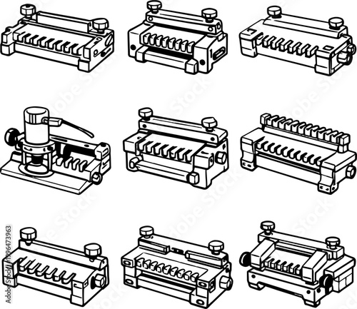 Set of eight vintage style industrial metal paper hole punchers in various positions