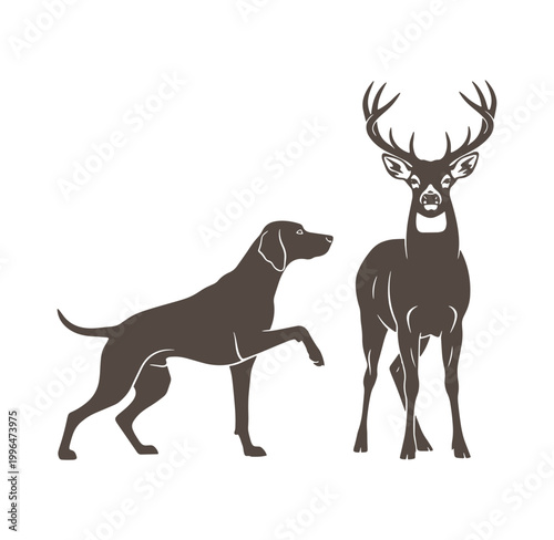 Dog and deer standing side by side in brown silhouette on white background