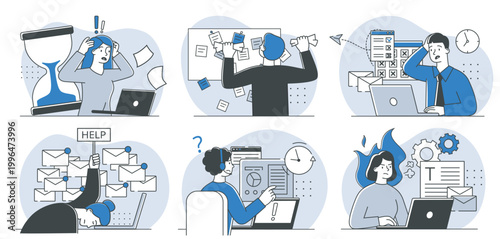 Office workers overwhelmed by tasks in simple flat style on light abstract background, representing stress and burnout at work. Hand-drawn vector illustration