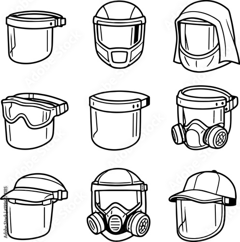 Collection of nine line art safety helmets and protective face masks illustrations
