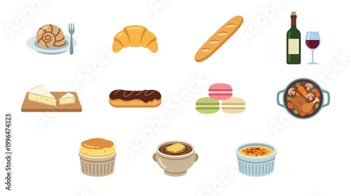 A collection of French cuisine, including escargots, croissants, baguettes, cheese, eclairs, macarons, coq au vin, soufflé, onion soup, and crème brûlée, alongside a bottle of wine and a glass.