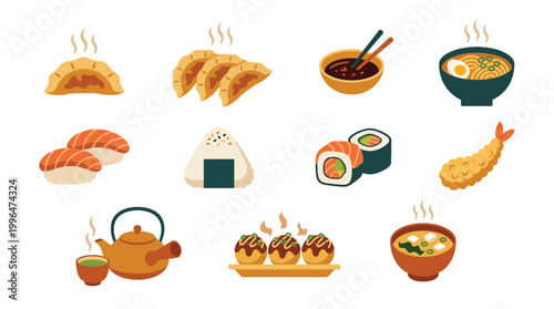 A vibrant collection of delicious Japanese food items, including sushi, ramen, dumplings, and tempura, presented in a charming illustration.