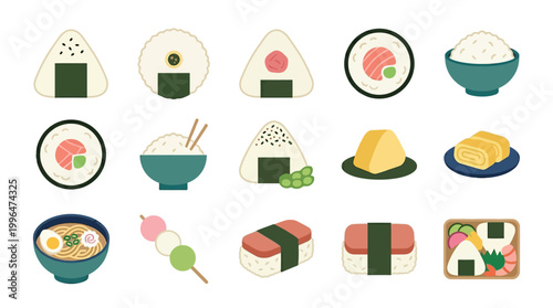 A vibrant collection of Japanese food items, including various onigiri, sushi rolls, ramen, and dango, presented in a flat, illustrative style.
