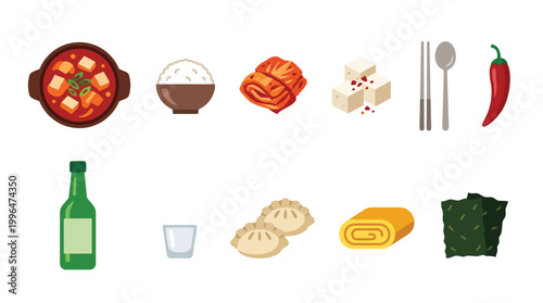 A vibrant collection of Korean food items, including kimchi, tofu, rice, and soju, presented in a top-down view.