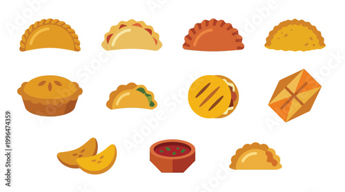 A vibrant collection of diverse empanada and pastry illustrations, showcasing various fillings and shapes, alongside dipping sauce and fruit slices.