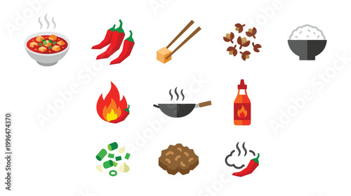 A vibrant collection of icons representing ingredients and cooking processes for spicy Asian cuisine, including chili peppers, soup, rice, and a wok.