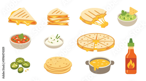 A vibrant collection of Mexican food items, including quesadillas, salsa, guacamole, tortillas, and hot sauce, presented in a clean, illustrative style.
