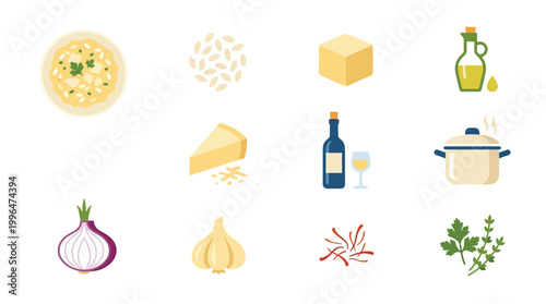 A collection of ingredients and a prepared dish, including risotto, rice, butter, olive oil, cheese, wine, a pot, onion, garlic, saffron, and parsley.