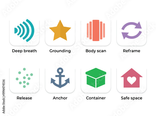 Mindfulness icons depict various techniques for relaxation and stress relief through meditation and grounding
