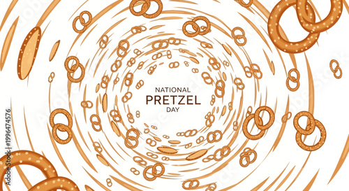 An abstract vector background celebrates National Pretzel Day with swirling illustrations of baked pretzels, showcasing a tasty and salty snack concept, designed with a dynamic perspective