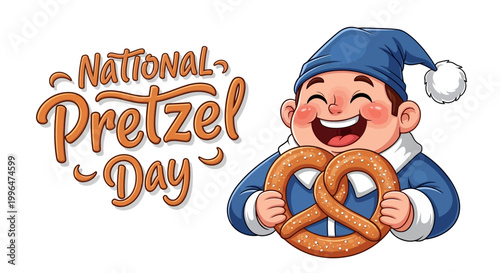 A cheerful cartoon baker in blue, celebrating National Pretzel Day, holds a large baked pretzel with a happy expression, set against a clean white background, creating a joyful and inviting