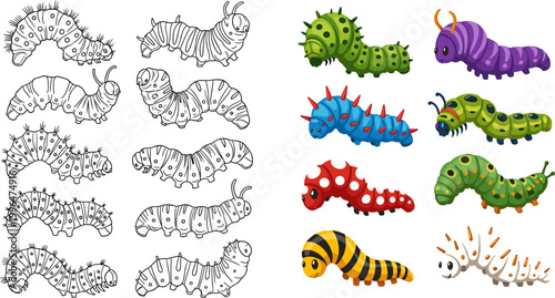 Photos Colorful and Outline Cartoon Caterpillar Species Collection in Multiple Poses an