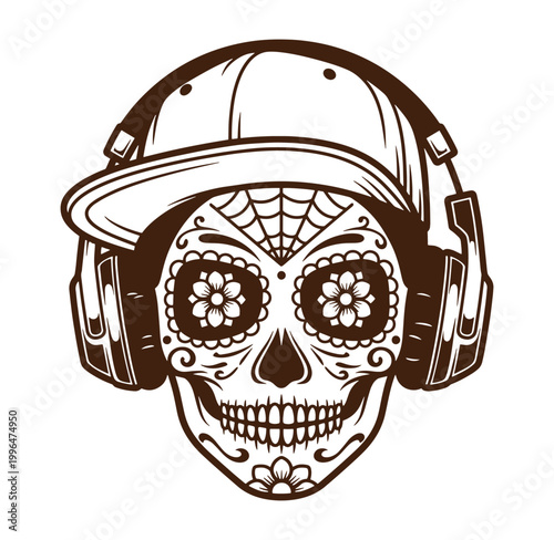 sugar skull wearing headphones and baseball cap isolated on transparent background