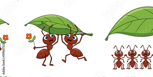 Cute Cartoon Red Ant Team Carrying Large Green Leaf Together with Flower and Group Pose Vector Illustration Set for Children Design