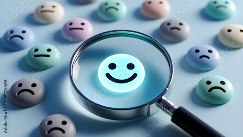 Positive thinking feedback, World mental health day, Magnifying glass focus Satisfied feedback icon, Excellent review result, Customer giving rating for experience or quality product, Opinion survey