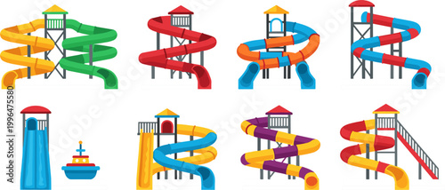 Colorful Cartoon Water Park Slide Tower Spiral Tube and Pool Attraction Collection Vector Illustration Set for Summer Amusement Design