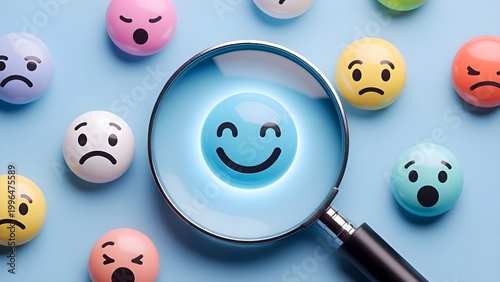 Positive thinking feedback, World mental health day, Magnifying glass focus Satisfied feedback icon, Excellent review result, Customer giving rating for experience or quality product, Opinion survey