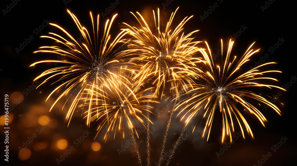 Obraz premium Fireworks illuminating the night sky with radiant golden bursts. The display creates a stunning spectacle