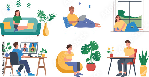 Man and woman working from home with laptops and smartphones, freelance remote work, online study and digital education concept