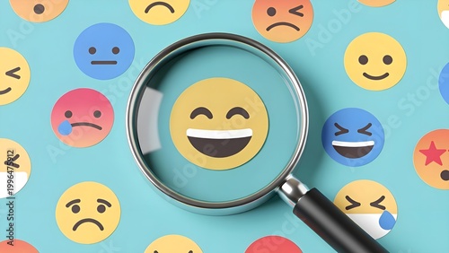 Positive thinking feedback, World mental health day, Magnifying glass focus Satisfied feedback icon, Excellent review result, Customer giving rating for experience or quality product, Opinion survey