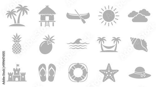 A collection of various elements , including palm trees, a hut, a canoe, the sun, clouds, fruits, waves, a hammock, a seashell, a sandcastle, flip-flops, a life preserver, a starfish, and a sun hat.
