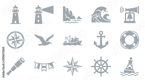 Collection of nautical and maritime icons representing various sea-related elements and symbols.