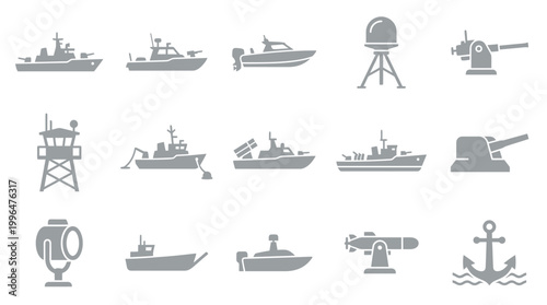 Collection of various naval and military vessels, weaponry, and equipment icons, including ships, boats, turrets, radar, and an anchor.