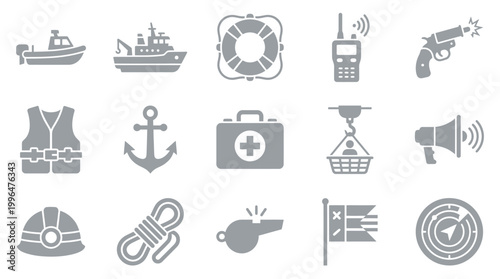 Collection of safety and rescue icons including boats, life preserver, radio, gun, vest, anchor, first aid kit, crane, megaphone, helmet, rope, whistle, flag, and radar.