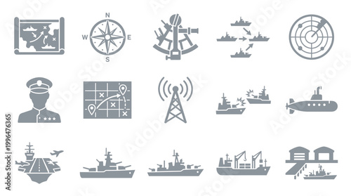 Collection of naval and military icons depicting ships, navigation tools, and military personnel for strategic planning and operations.