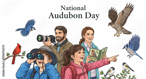 Ornithology illustration shows a family enjoying bird watching on National Audubon Day, with various bird species depicted in a colorful vector design promoting wildlife bird protection