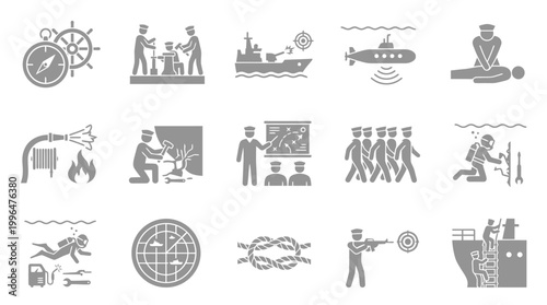Collection of Navy and Maritime Icons Illustrating Various Operations and Training Scenarios.
