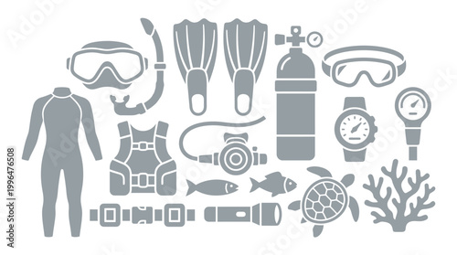 Collection of Scuba Diving Equipment and Marine Life Icons for Underwater Exploration and Recreation.