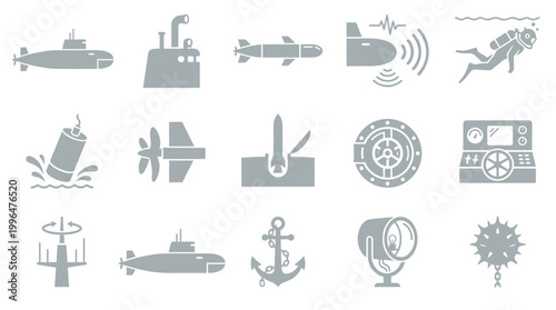 Collection of marine and naval warfare icons, including submarines, torpedoes, mines, anchors, and divers, representing underwater technology and operations.