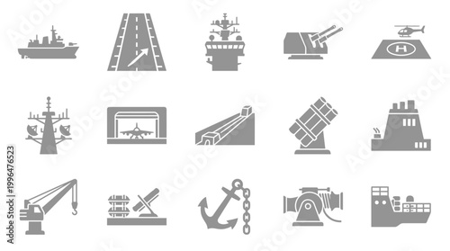 Collection of naval and military equipment icons, including ships, aircraft carriers, and weaponry.