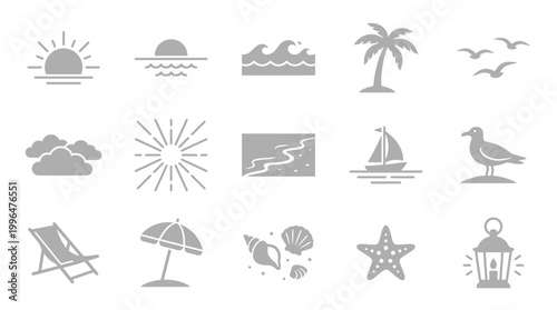 A collection of flat, minimalist grey icons representing various elements of a beach vacation and summer activities.