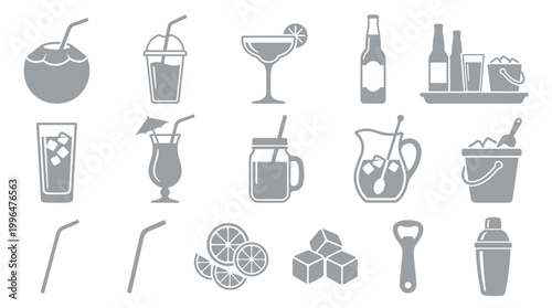 A collection of various drink-related icons and illustrations, including cocktails, beverages, ice, and bar tools.