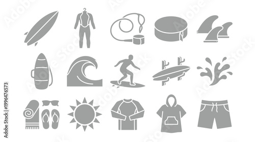 Collection of surfing and beach-related icons, including surfboards, wetsuits, waves, and sun.